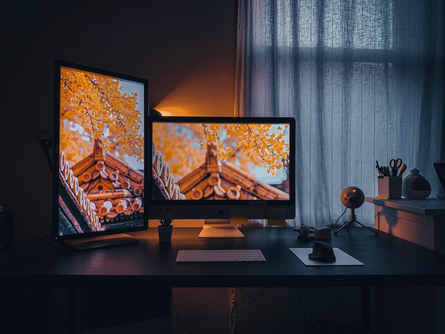Cozy home office setup with dual monitors displaying autumn scenery.